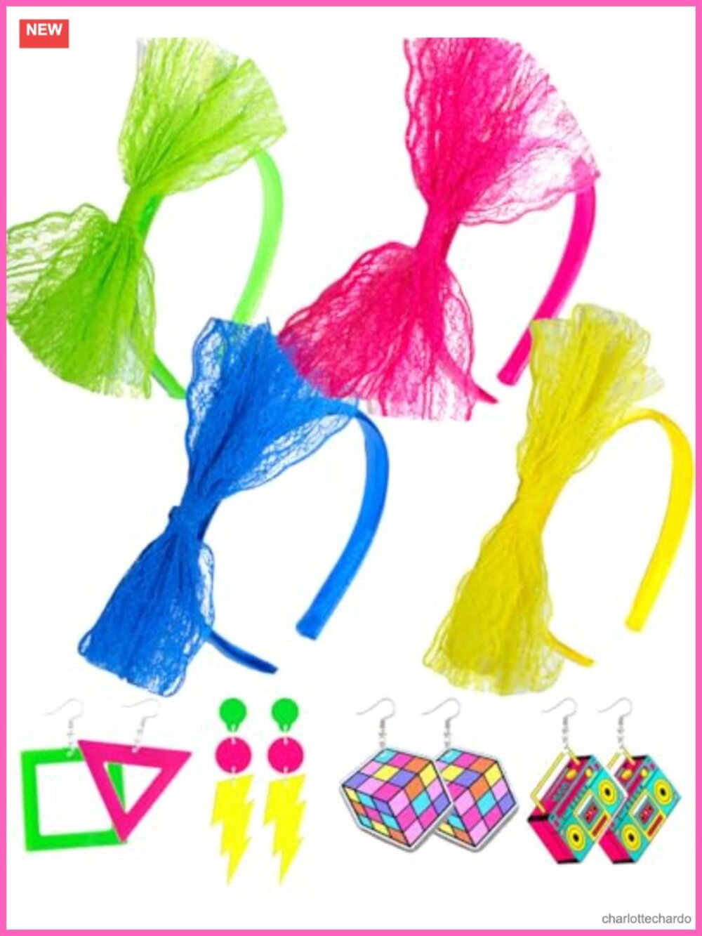 80s Neon Earrings & Lace Hair Band Set Retro Costume Accessories